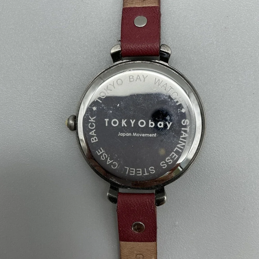 TOKYObay Womens Watch 35mm Silver Tone Cream Dial Red Leather Band New Battery